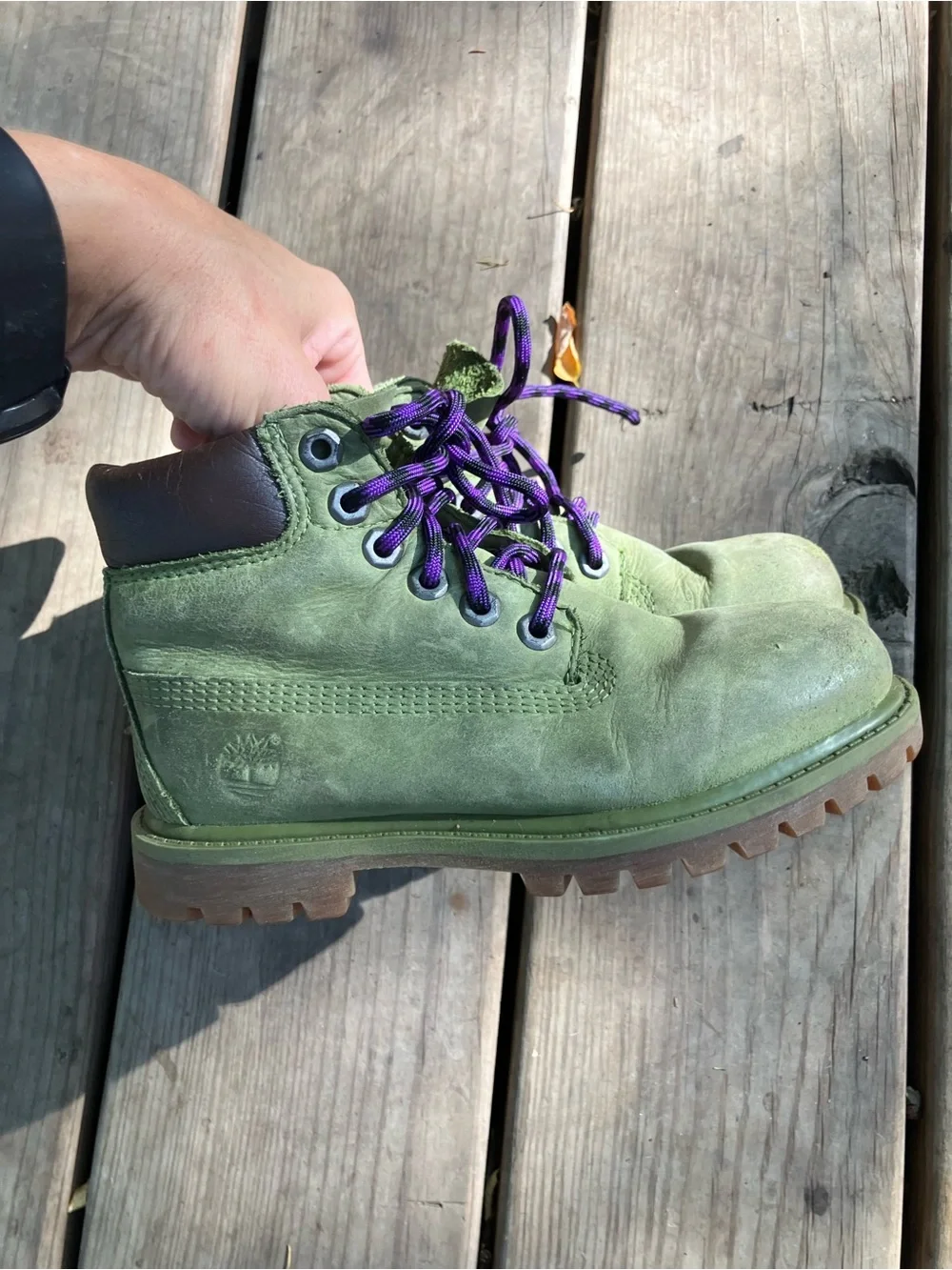 Timberland Green Kids Boots with Purple Laces